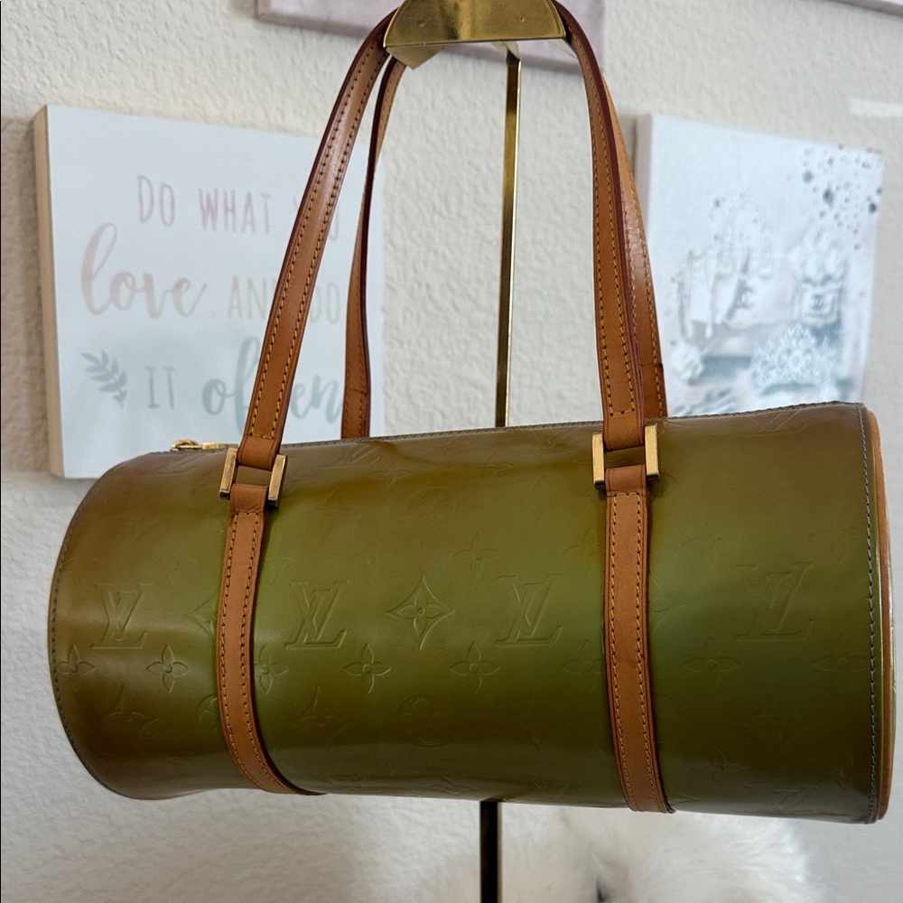 Louis Vuitton Olive Green Vernis Papillon Satchel with Tan Trim
